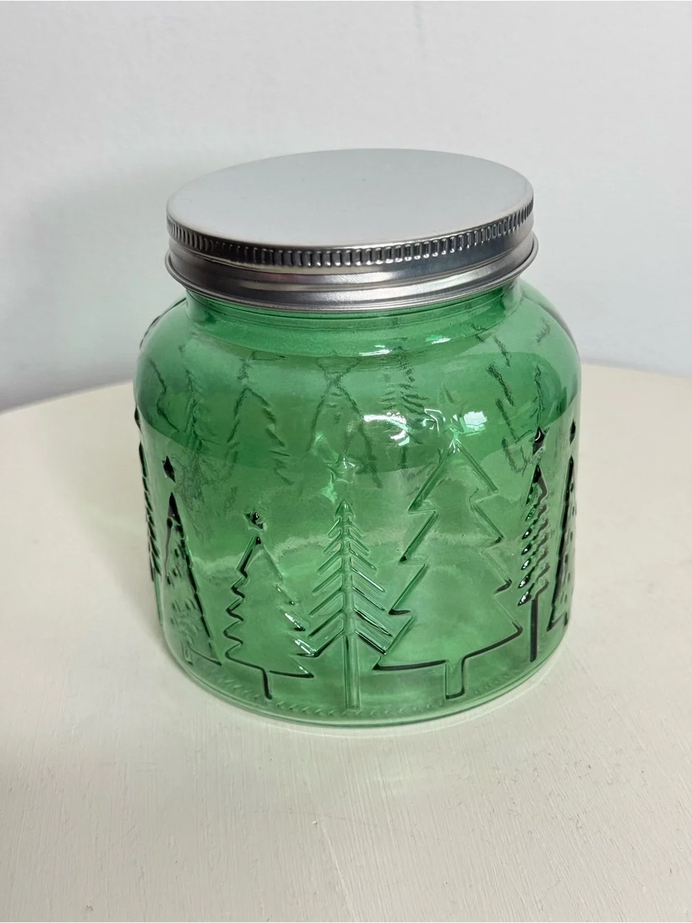Green Glass Christmas Tree Jar With Lid